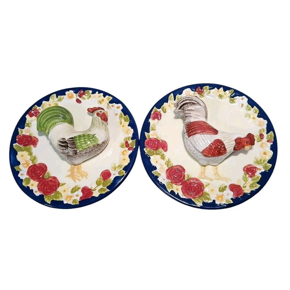 MWW Market 3D Roosters/Chickens & Roses 4.5" Mini Plates Wall Hanging‎ Decor